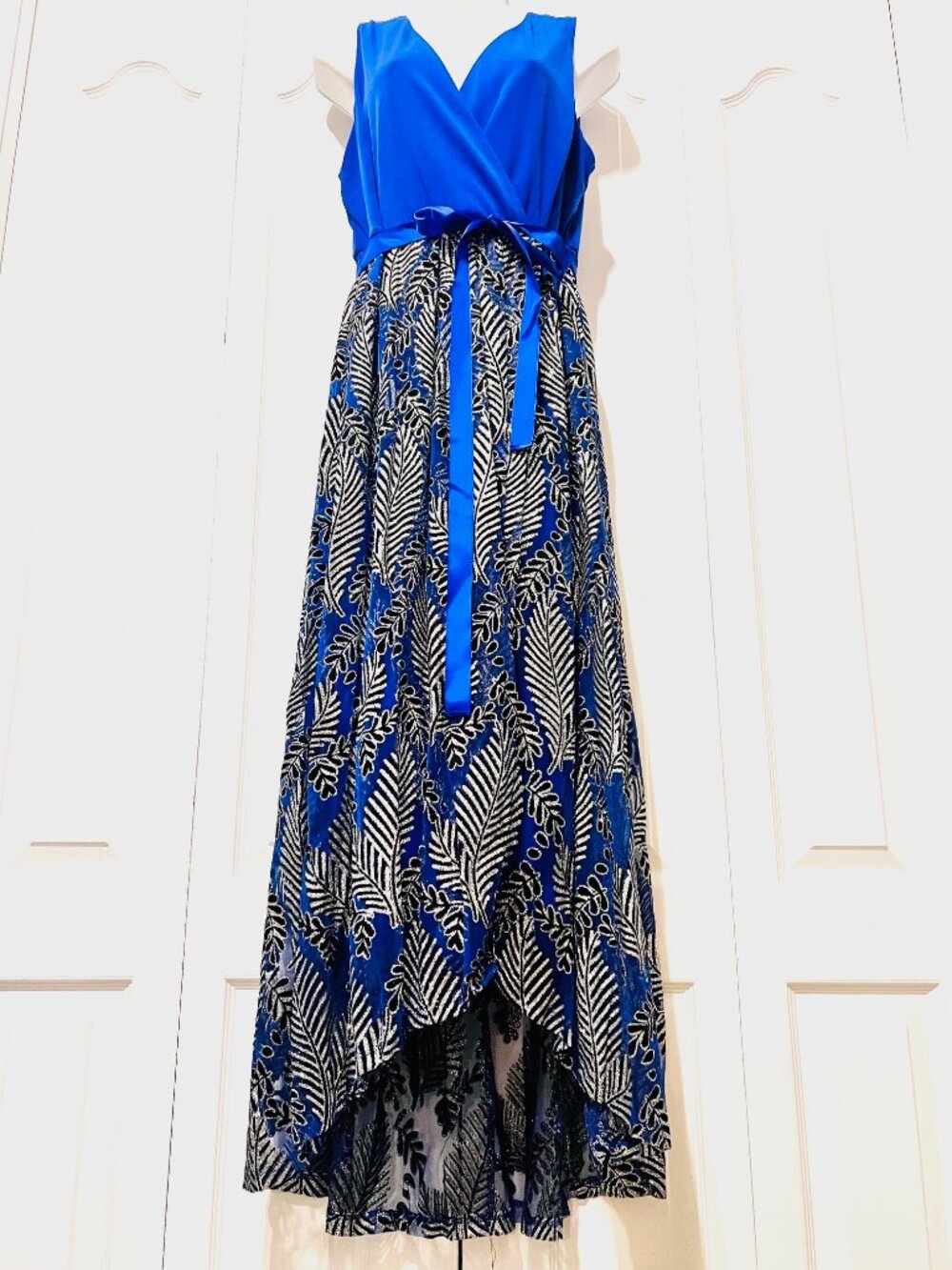 Blue High-Low Maxi Dress with Patterned Skirt